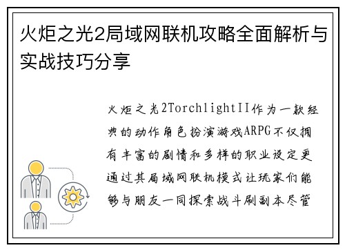 火炬之光2局域网联机攻略全面解析与实战技巧分享
